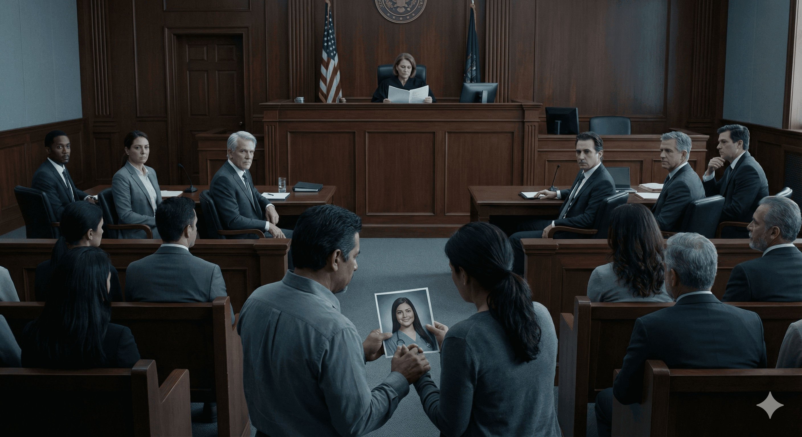 Wide: Sterile courtroom. Maria clutches Rosa's photo. Webb polished at defense table.