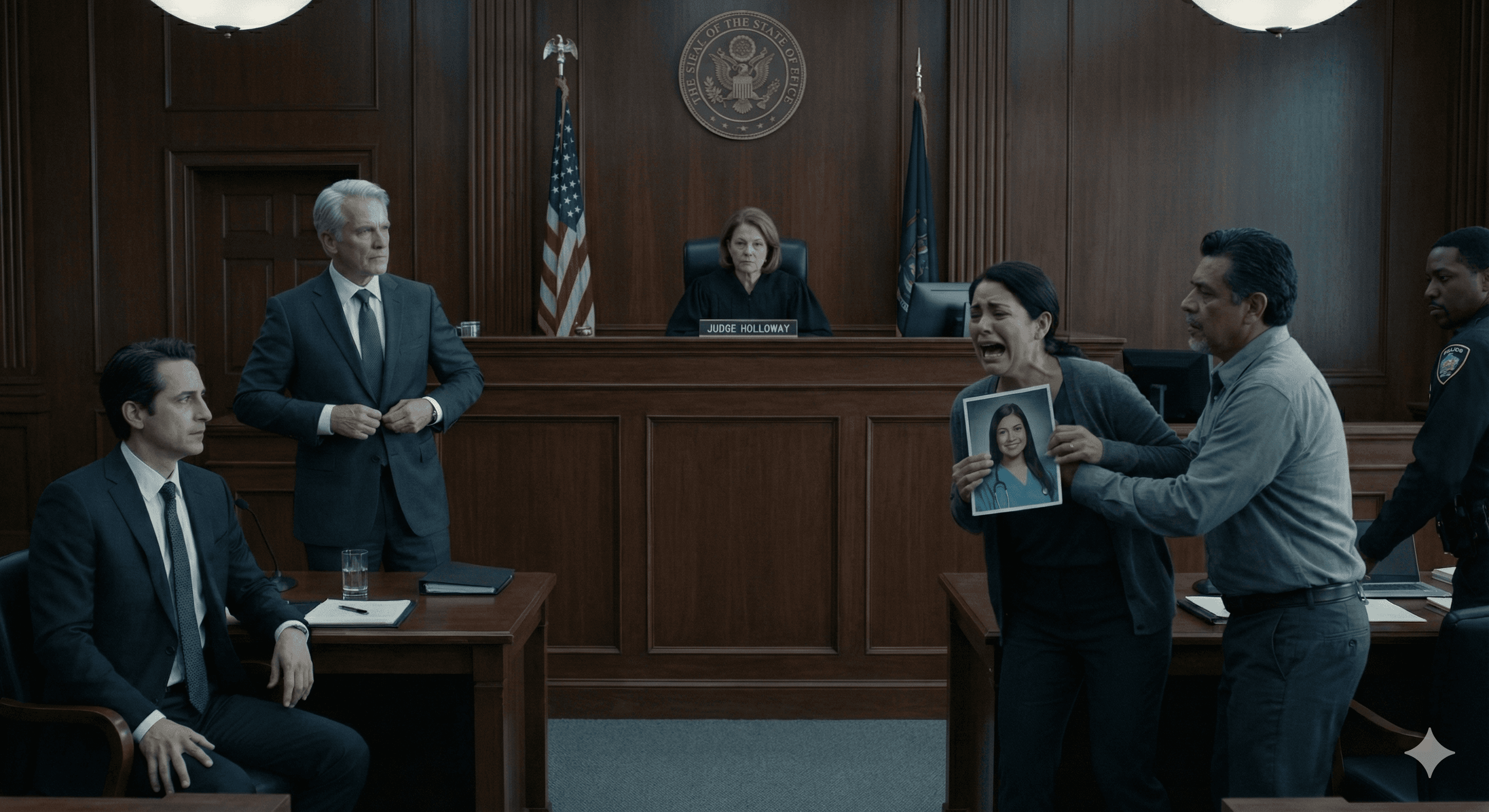 Close: Judge delivers suppression. Maria's face collapses. Webb's satisfied smile.