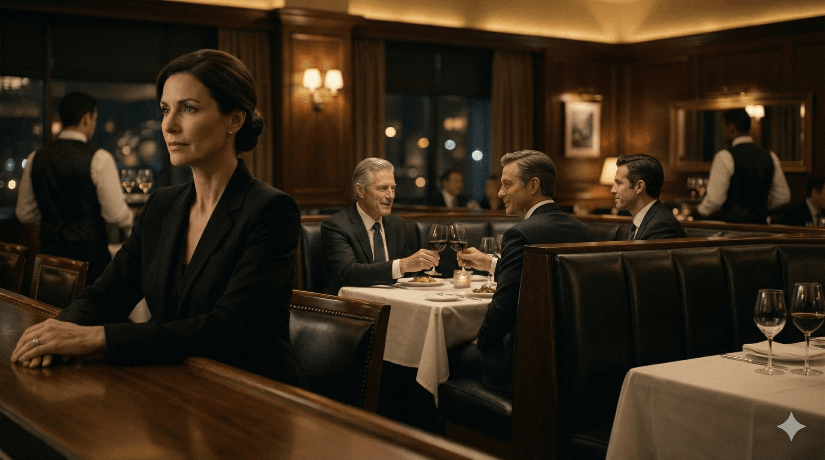 Wide: Upscale restaurant. Webb laughing with legal team. Elena anonymous at bar.