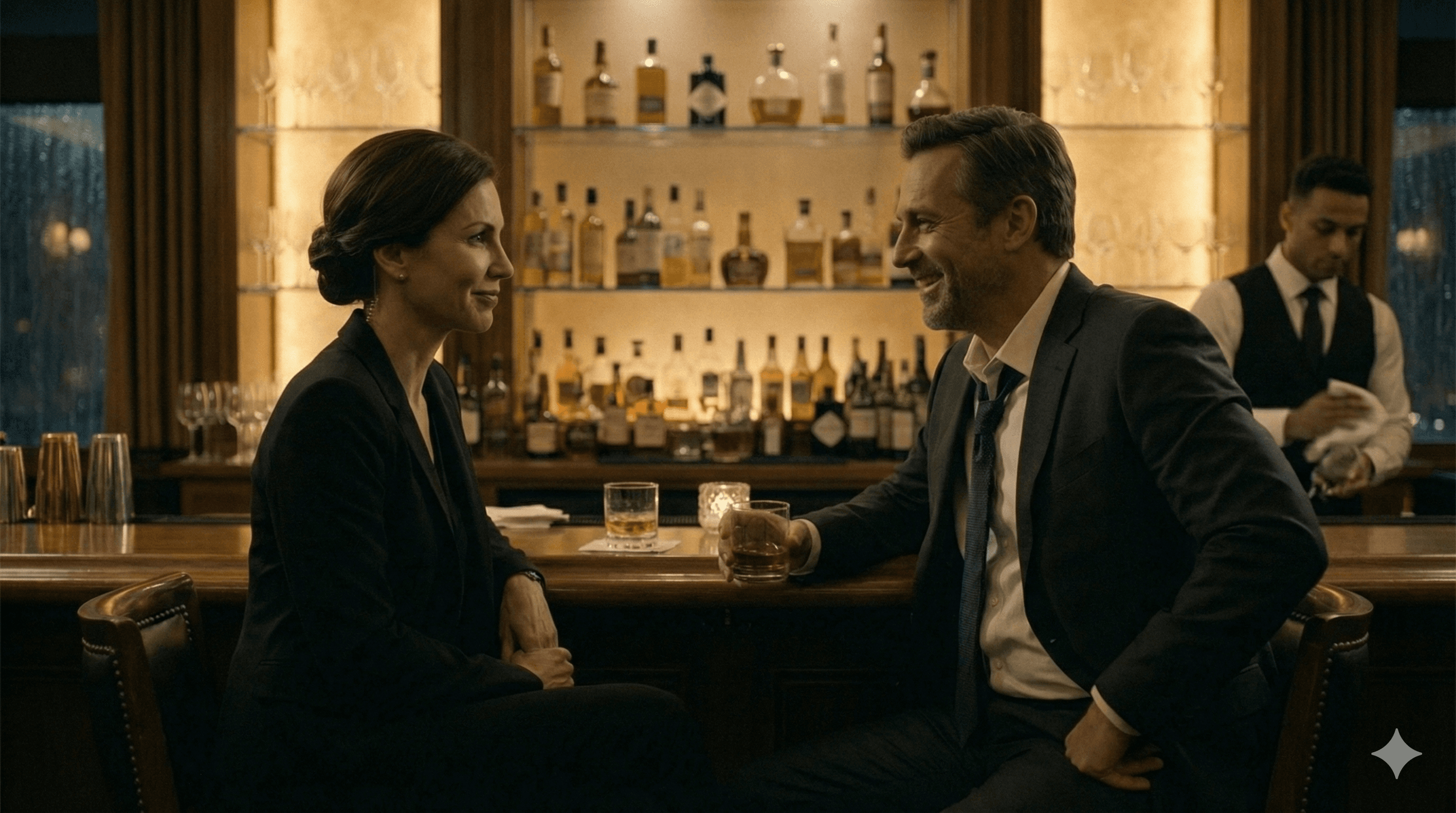 Medium: Bar glow. Elena's controlled charm. Vale loosening with scotch.