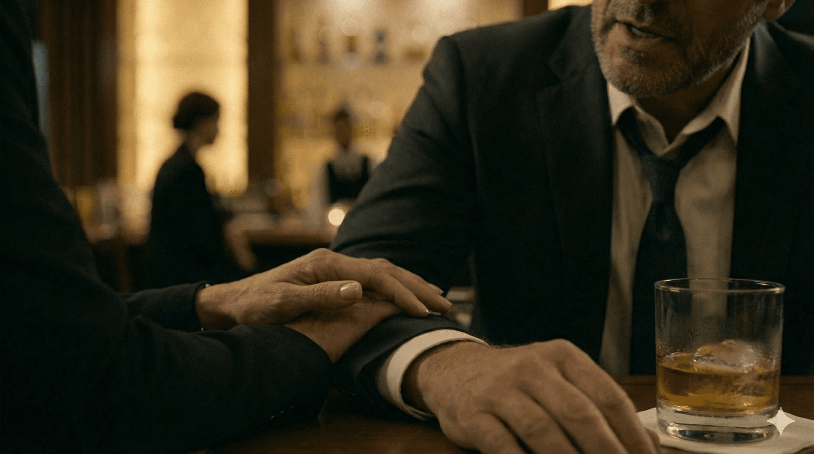 Close: Elena's hand on his arm, intimate manipulation.