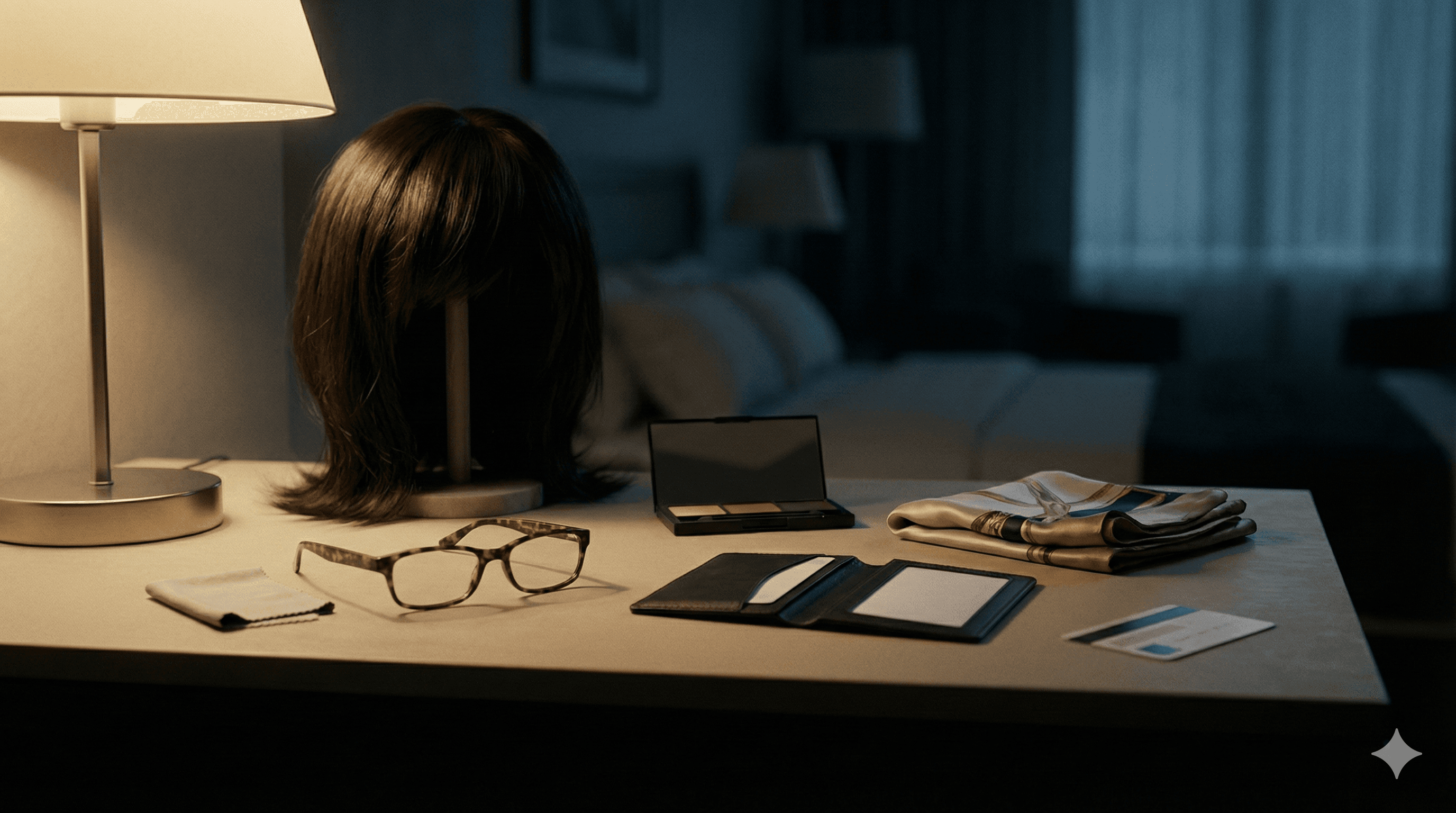 Insert: Wig, glasses, earrings on dresser like discarded identities.