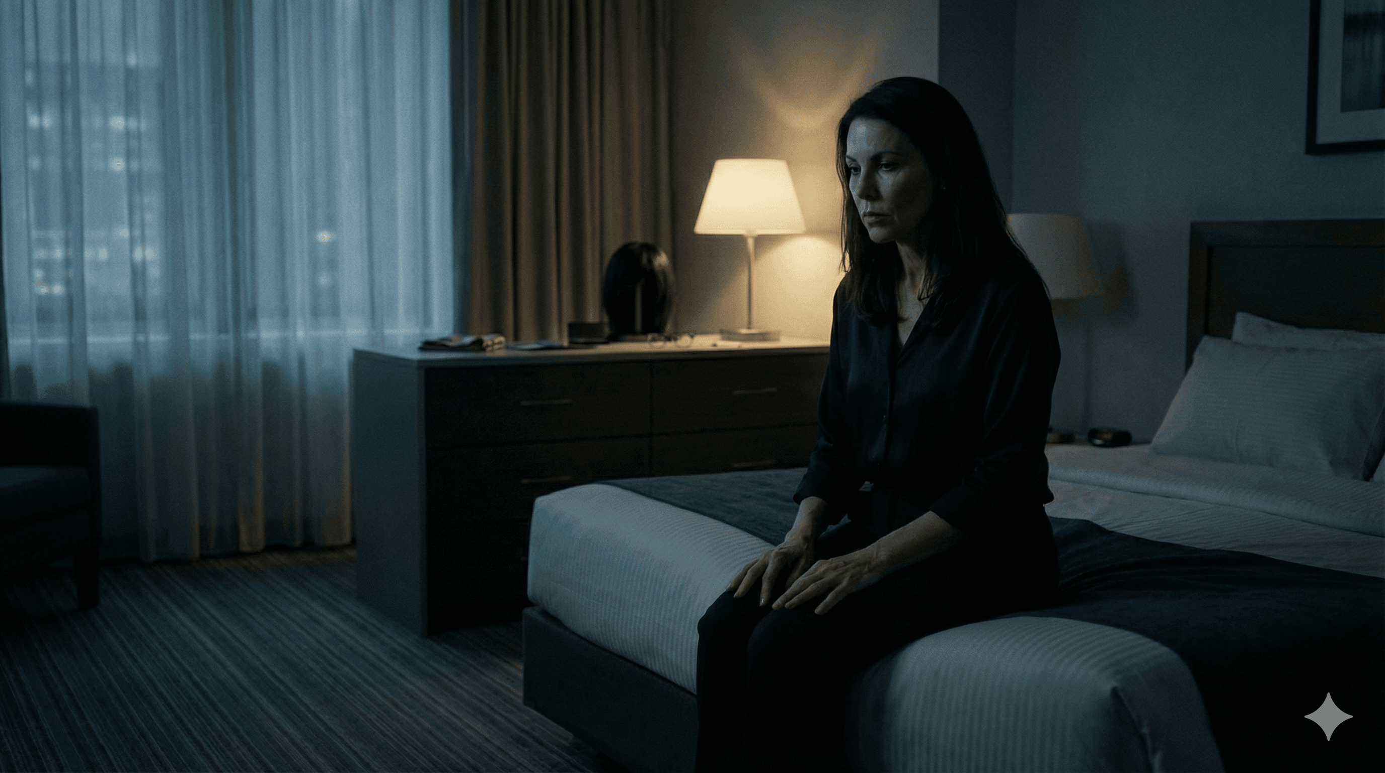 Close: Elena in mirror—exhausted, empty, searching for herself.