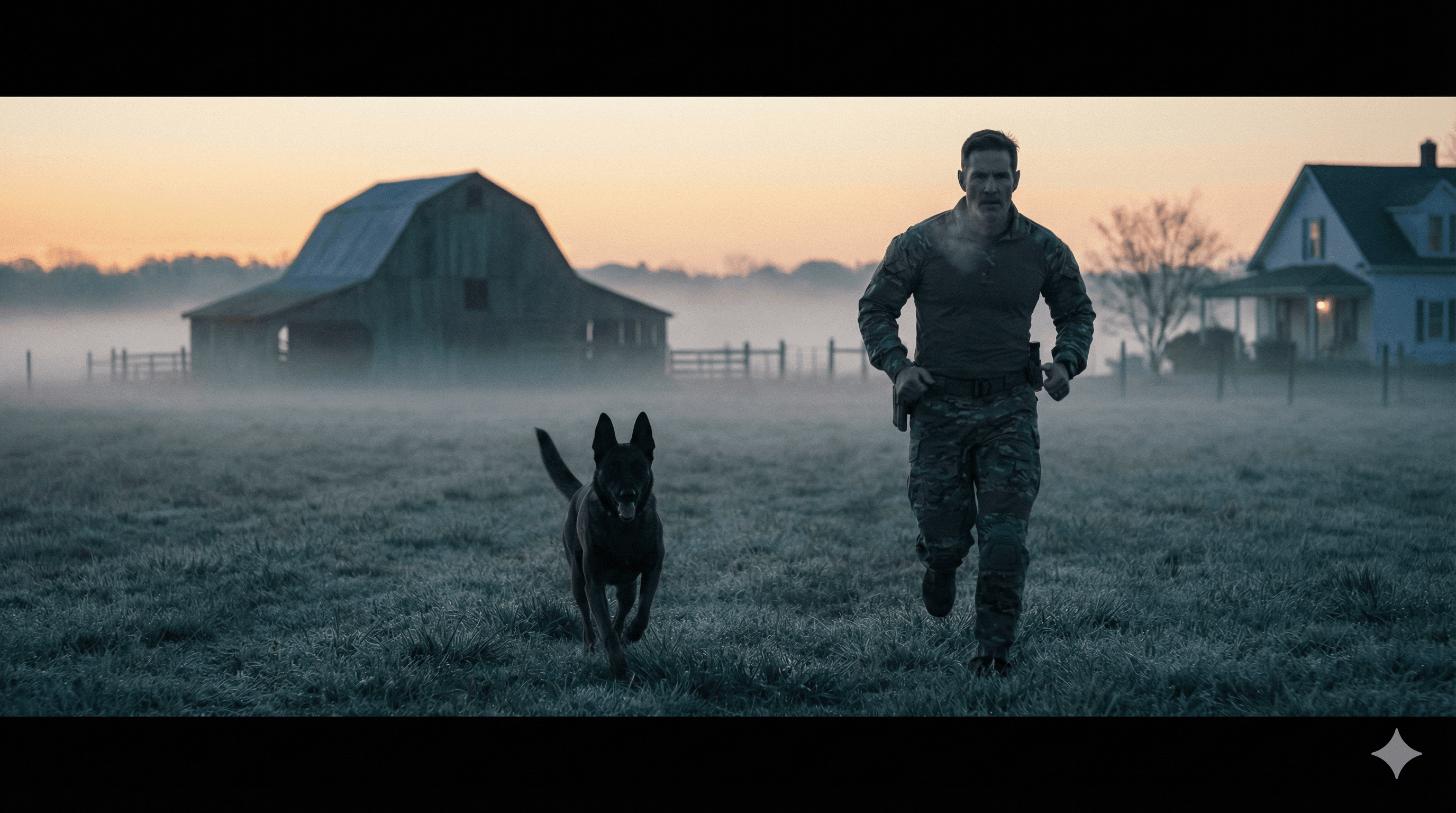 Wide: Dawn field. Jack and Shadow training run—precision, partnership.