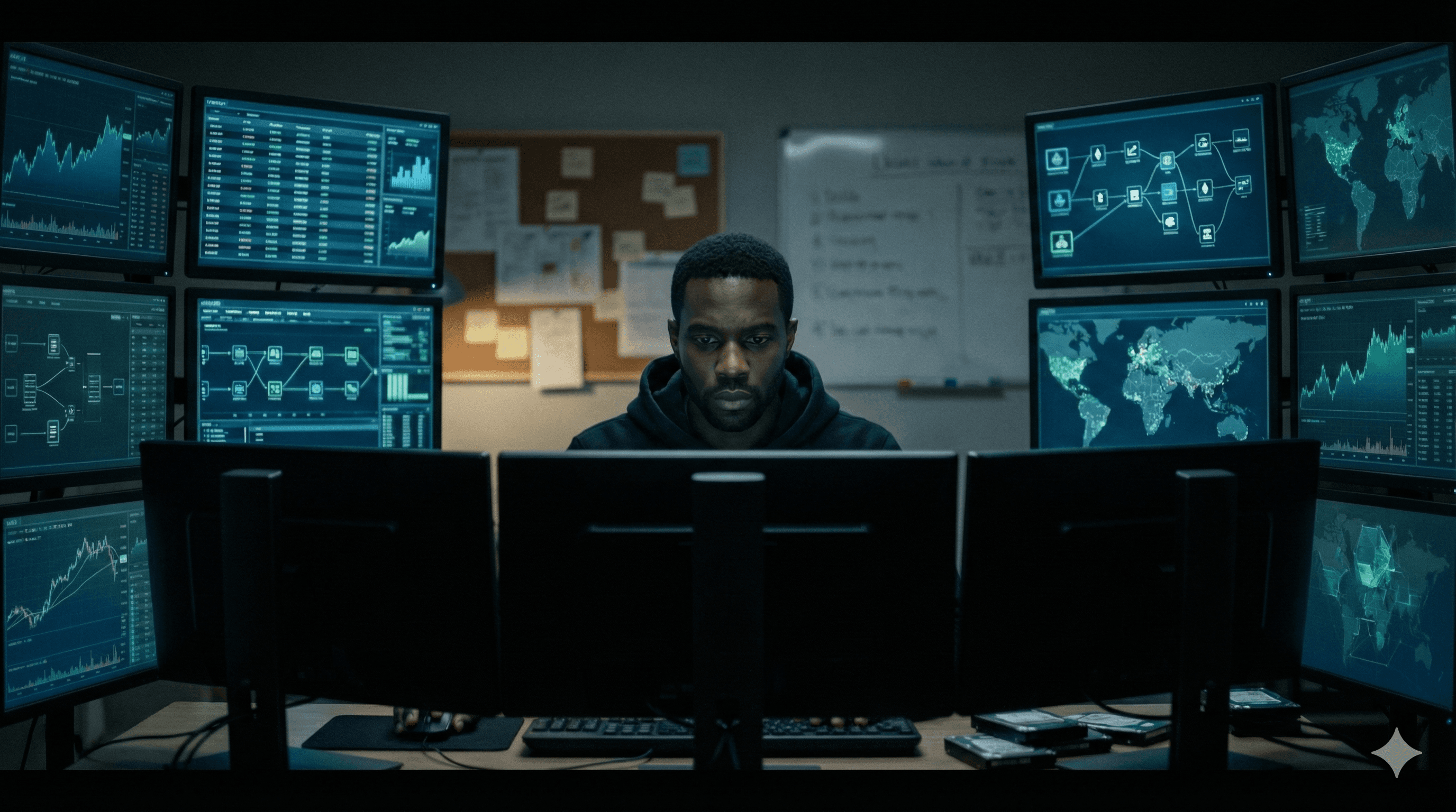 Wide: Monitors everywhere. Marcus framed by data like stained glass.