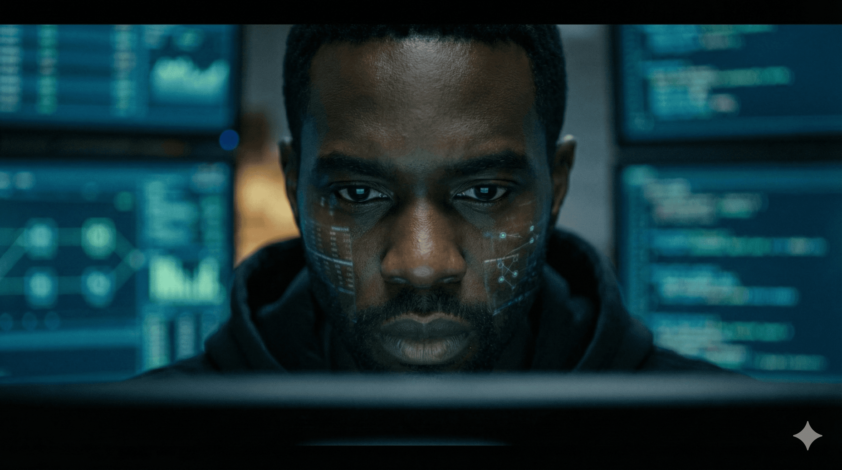 Medium: Marcus tracking financial threads, intense focus.