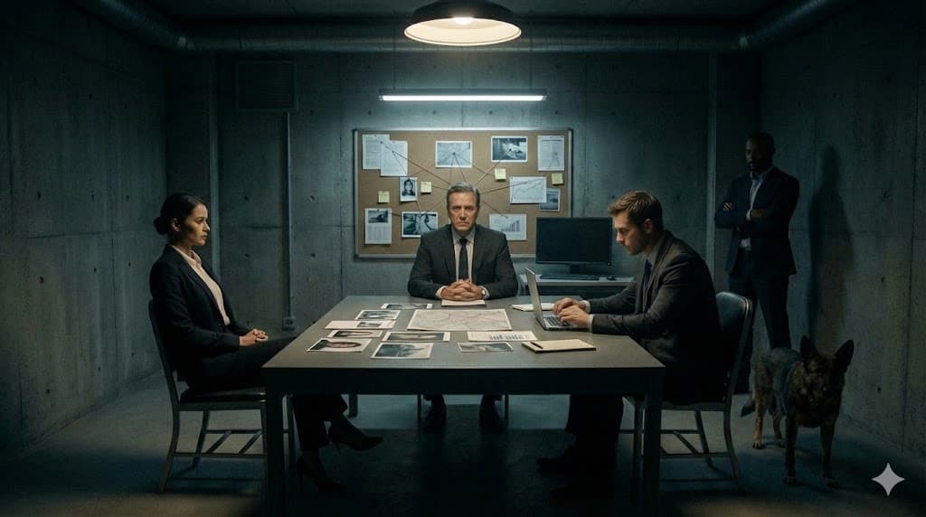 Wide: Clandestine briefing table. Team assembled. Victim photos spread.