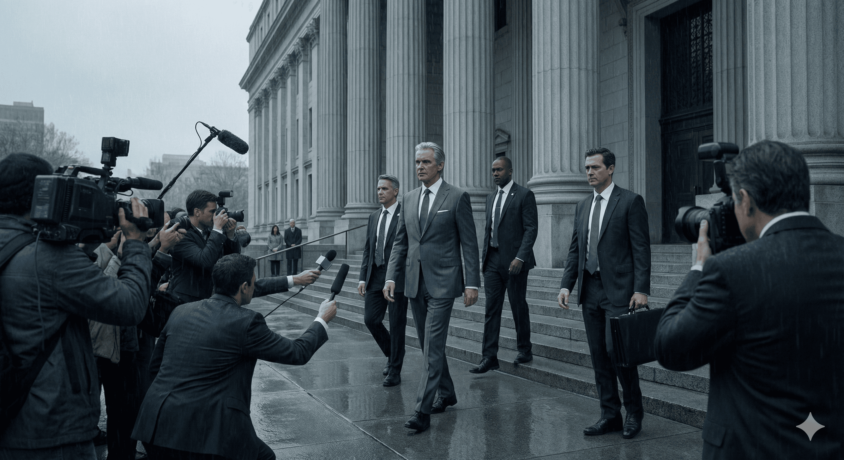 Wide: Press mob surges. Webb strides out flanked by attorneys and security.