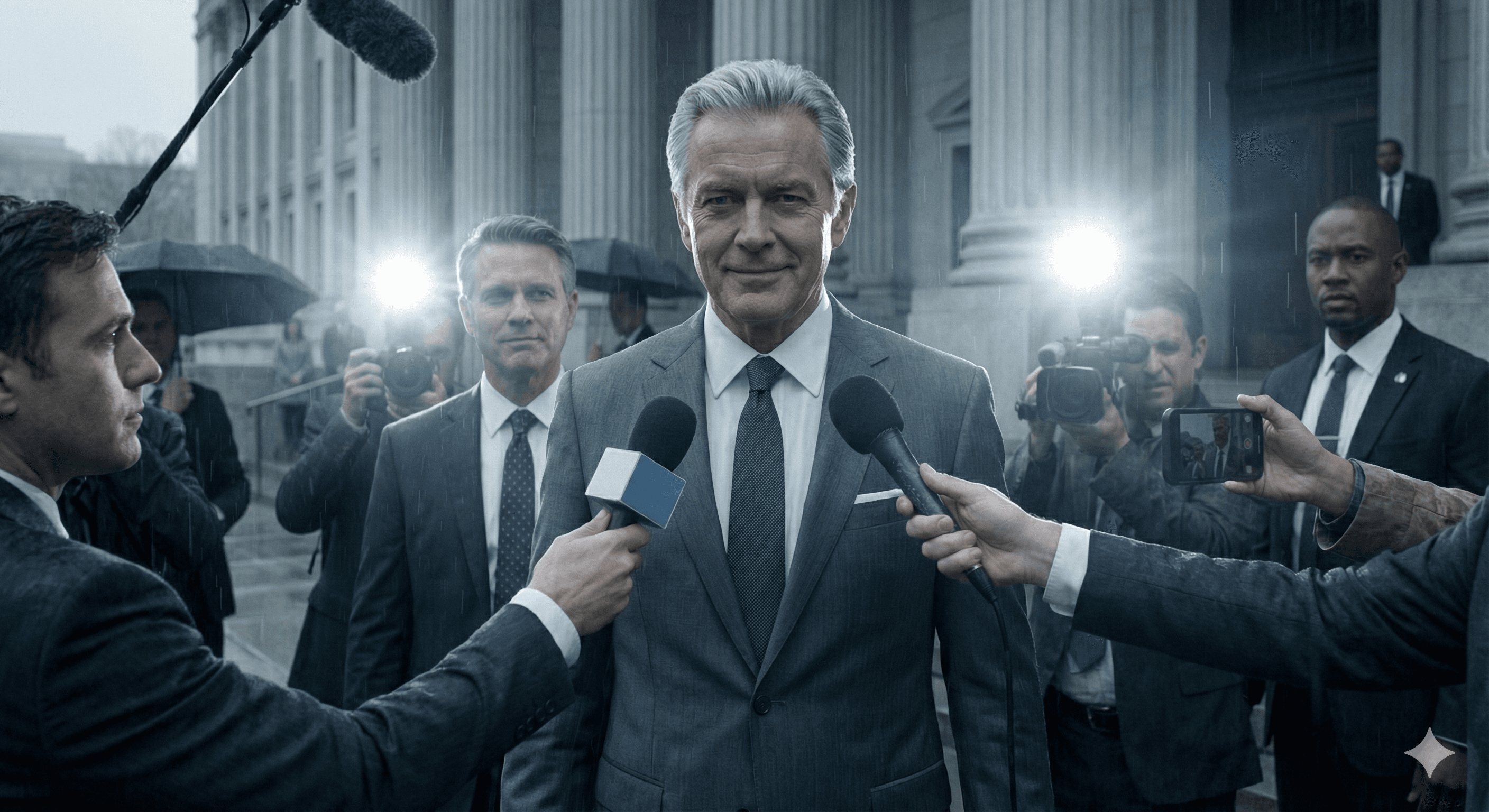 Tight: Webb at the microphones, predatory smile, flashbulbs exploding.