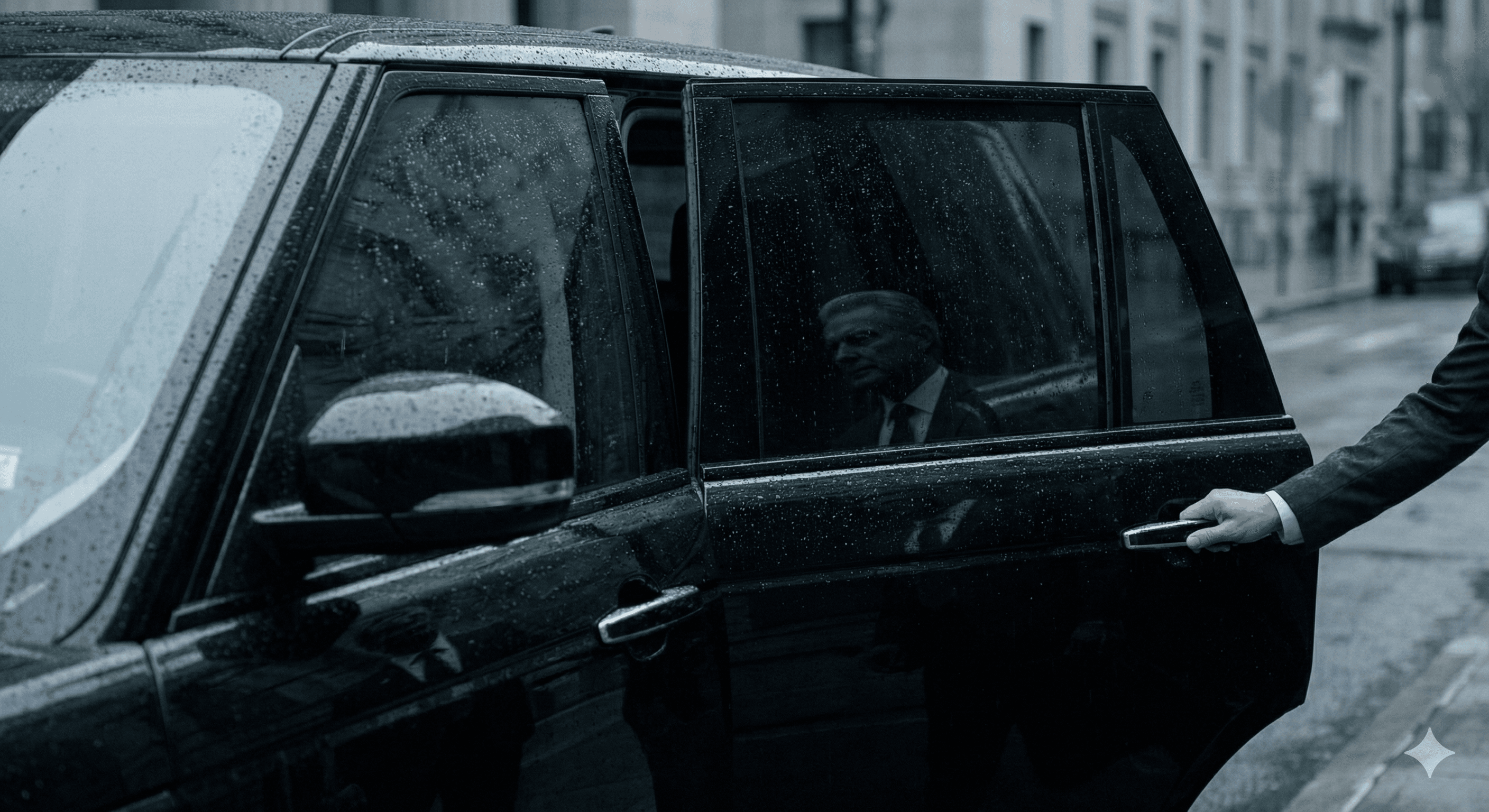 Insert: Black SUV waiting curbside, Webb's reflection in tinted glass.