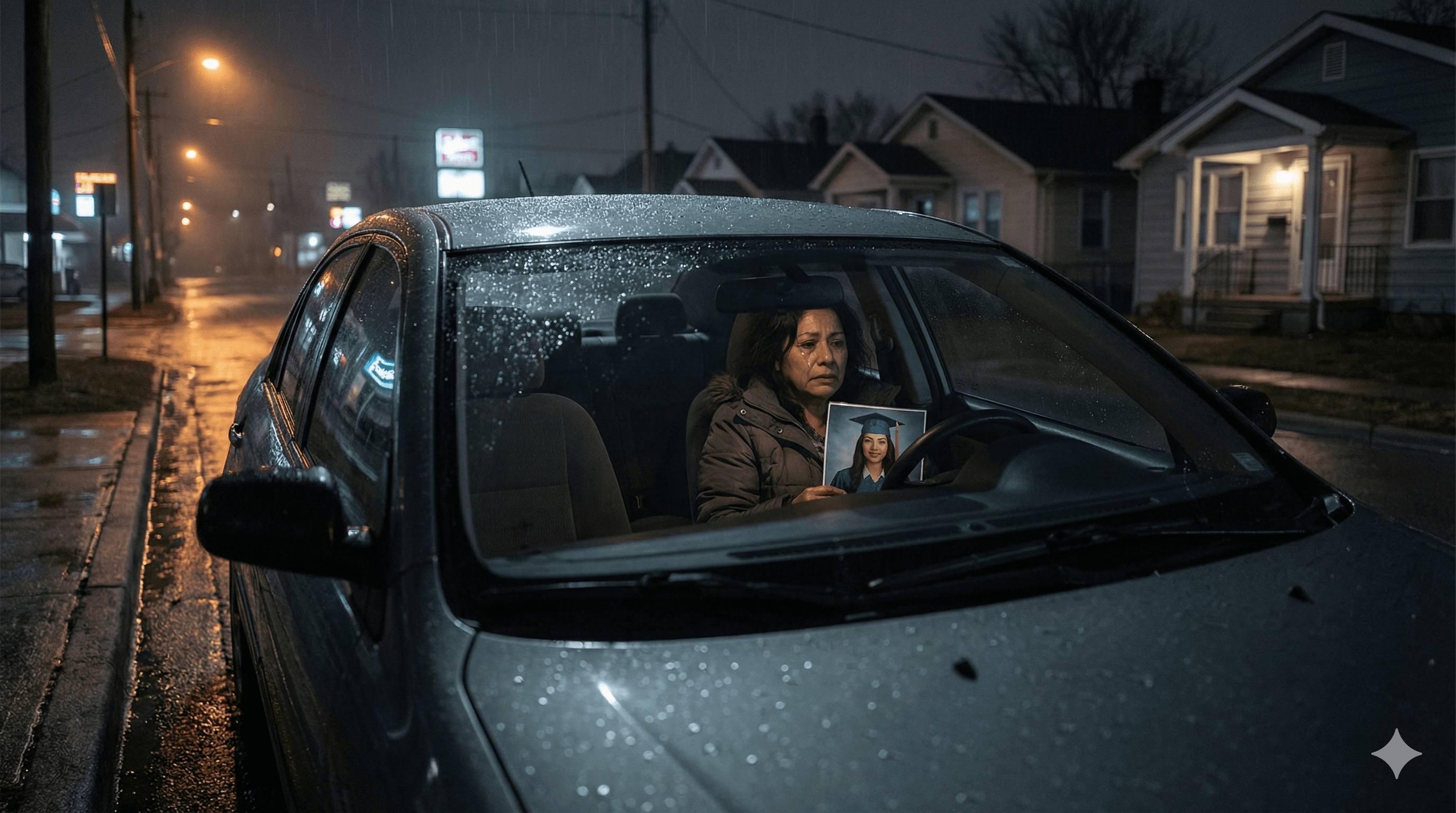Wide: Maria in car, house dark, dashboard glow, rain-streaked windows.