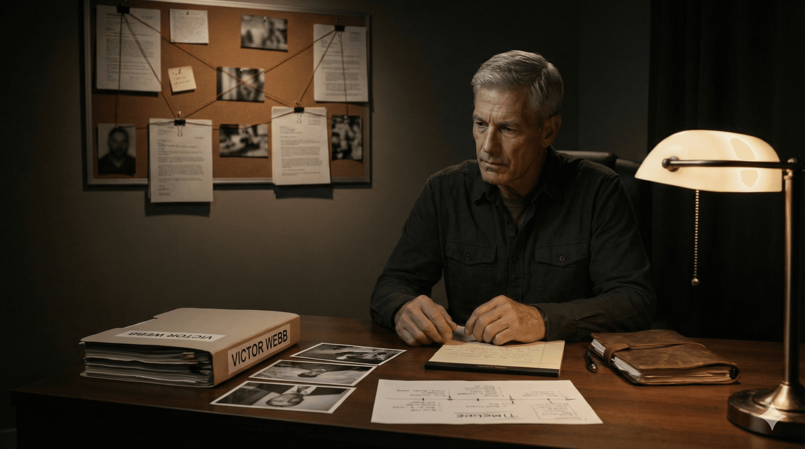 Wide: Austere study. Dalton alone with Webb file, controlled intensity.