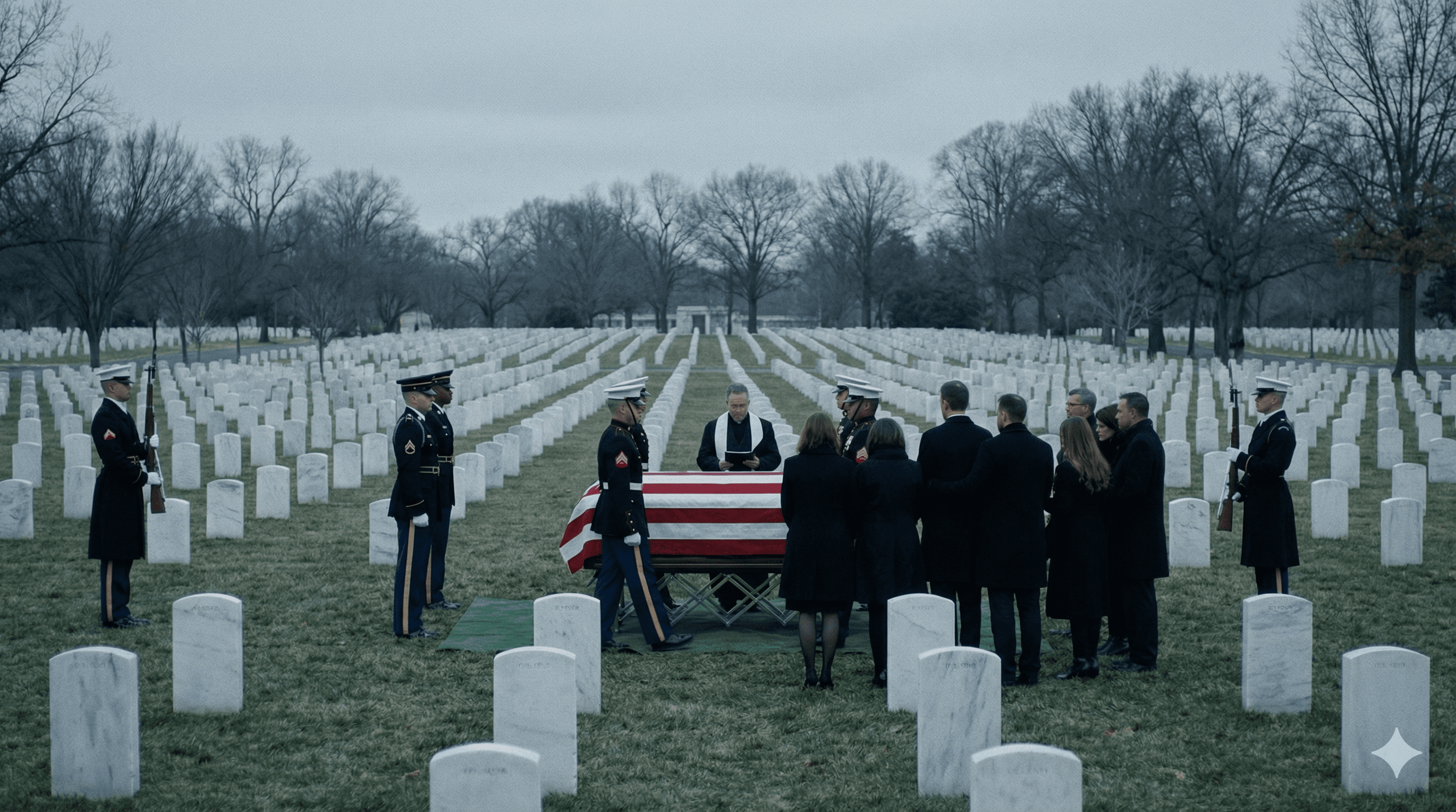 Wide: Military funeral geometry—flag, rifles, rows of headstones, gray sky.