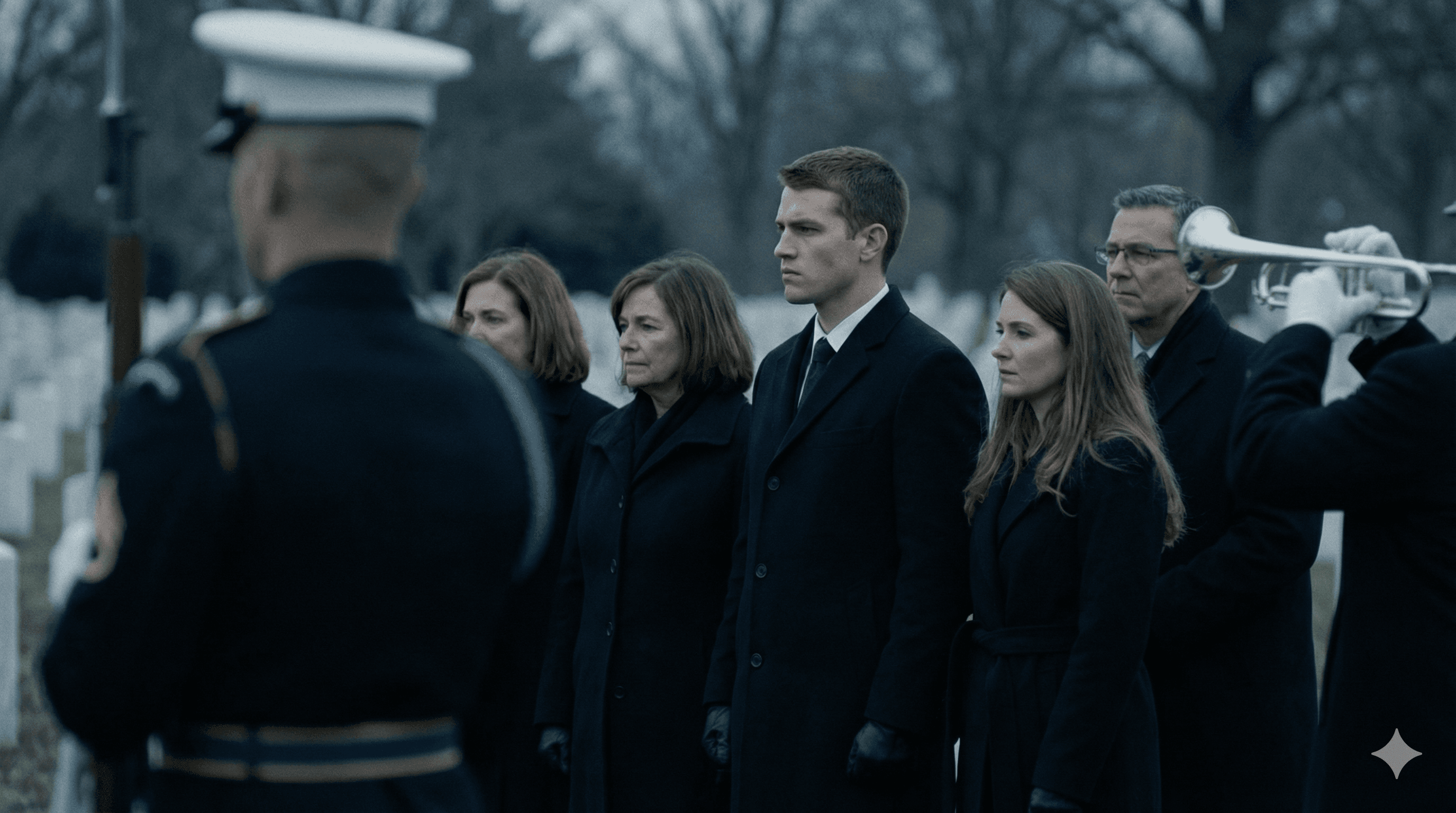 Medium: Honor guard fires volley. Family flinches. Young Dalton rigid.