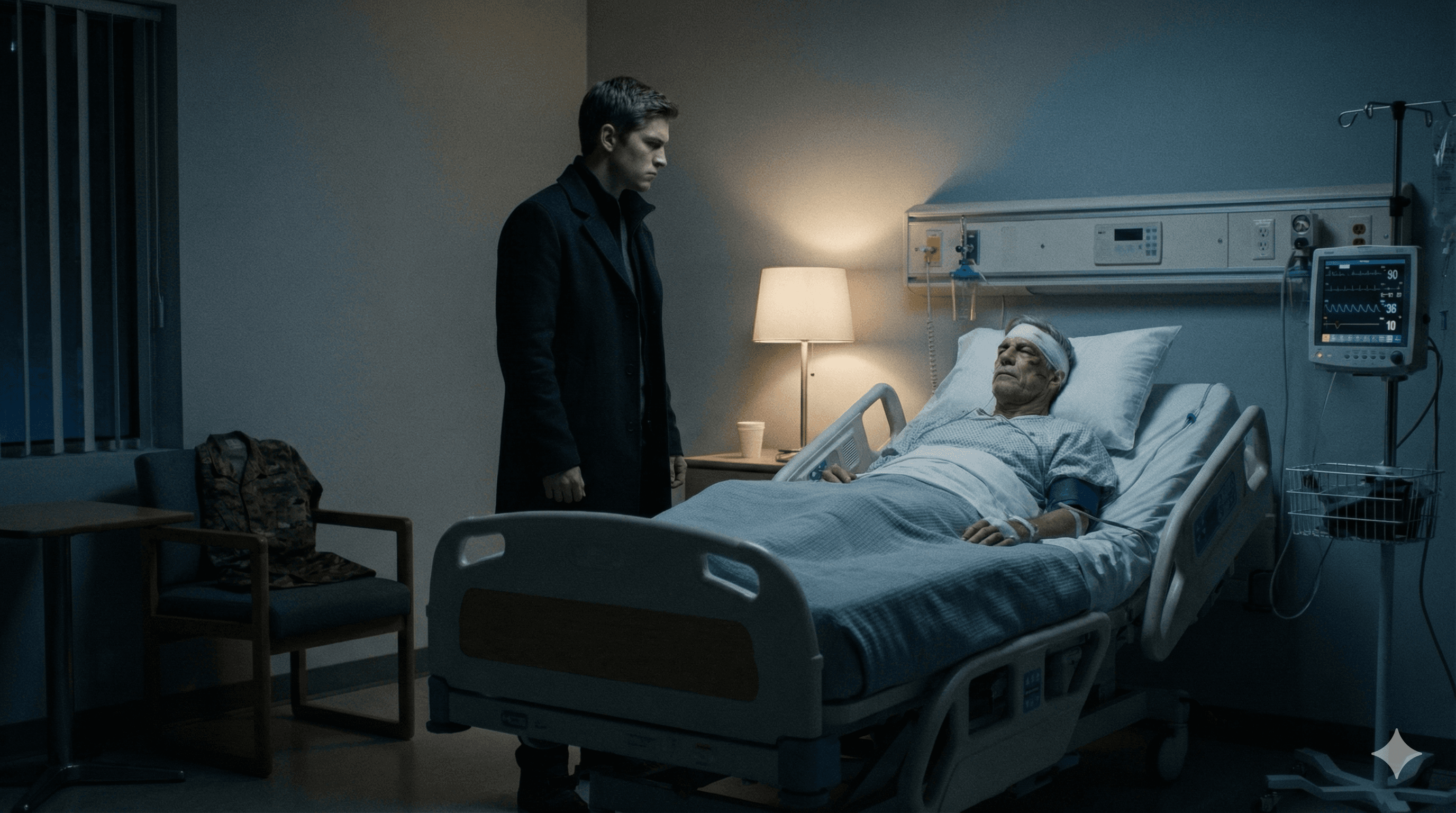 Wide: Dim hospital room. Father weakened in bed. Young Dalton at bedside.