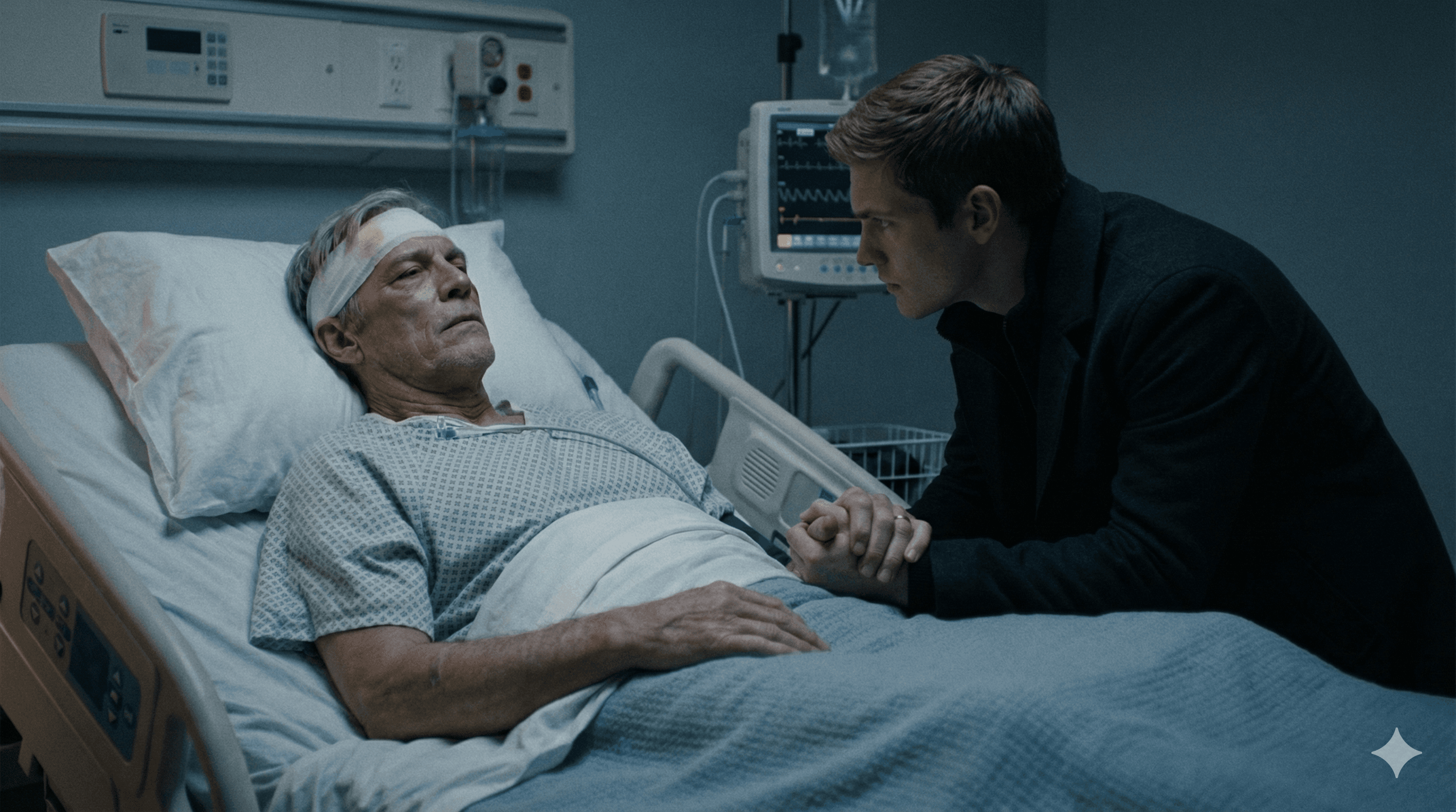 Medium: Michael gripping his father's hand, white-knuckled, desperate.