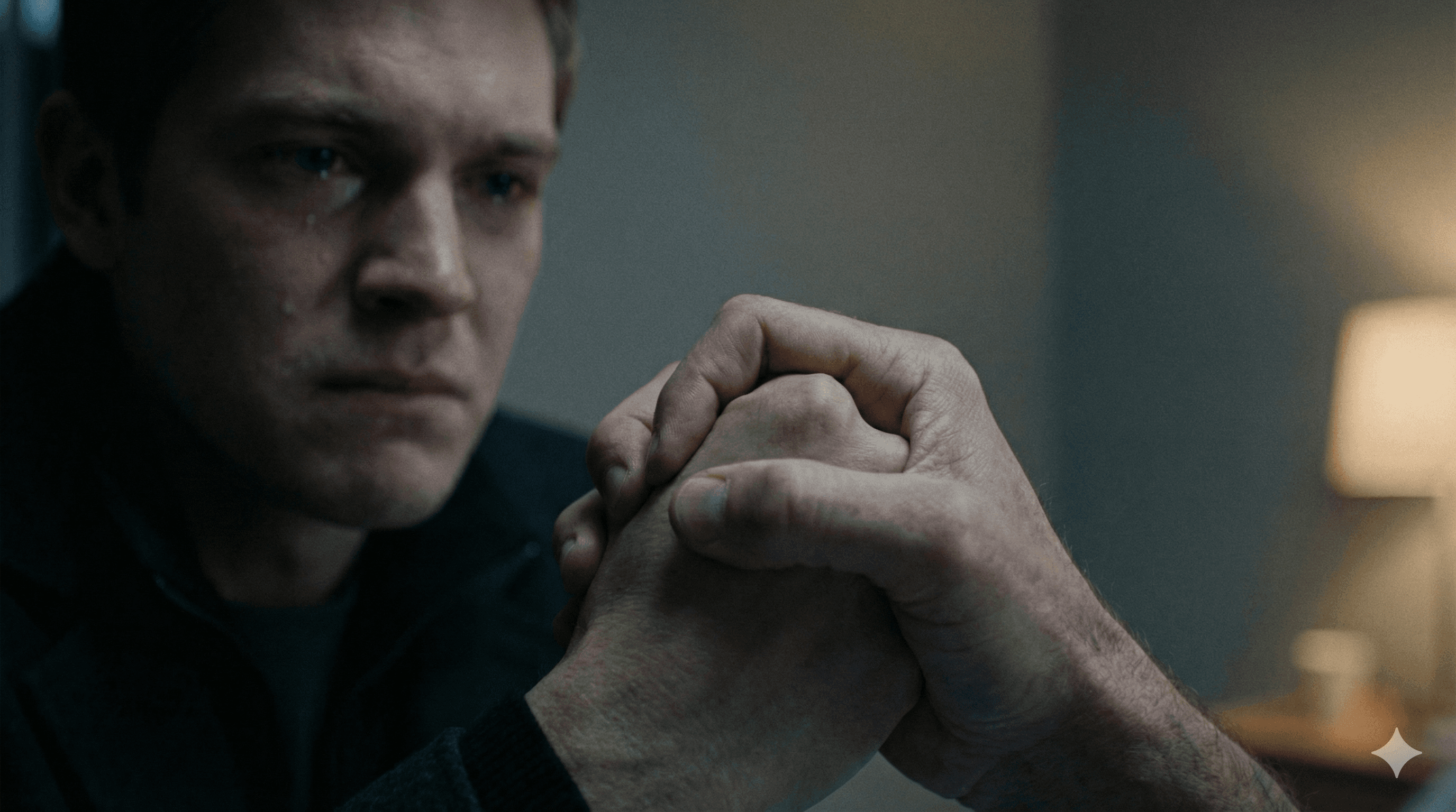 Close: The squeeze—father's fingers tightening, message without words.