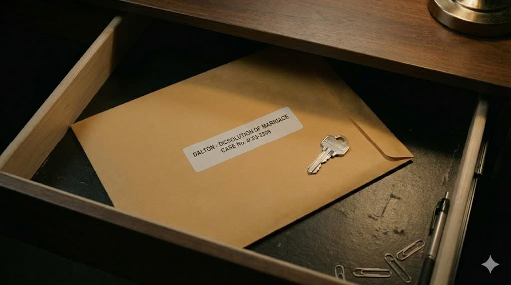 Medium: Dalton sets it back, shuts drawer—returns to work.